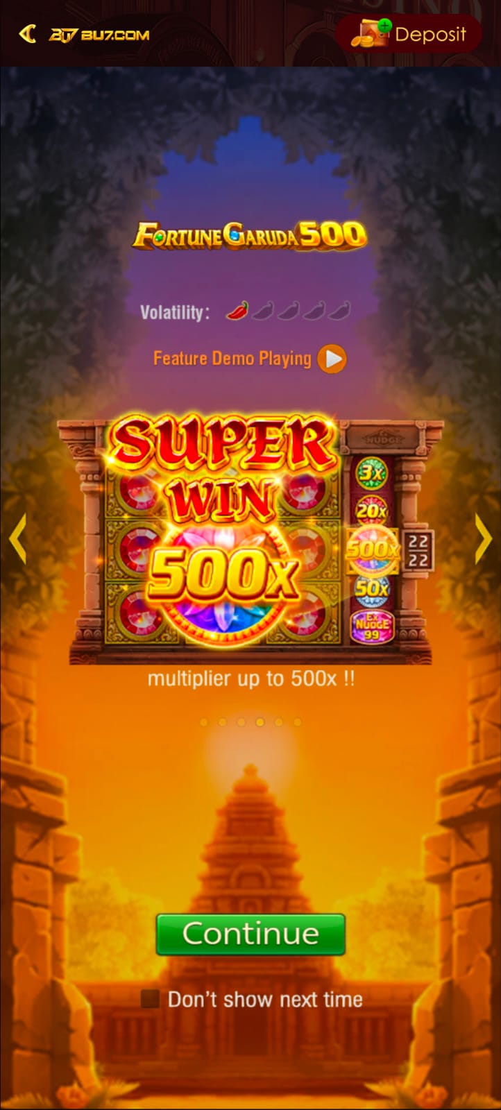 BU7 Game Fortune Garuda 500 slot game screenshot featuring a Super Win 500x multiplier, colorful gems, golden temple graphics and a Continue button.