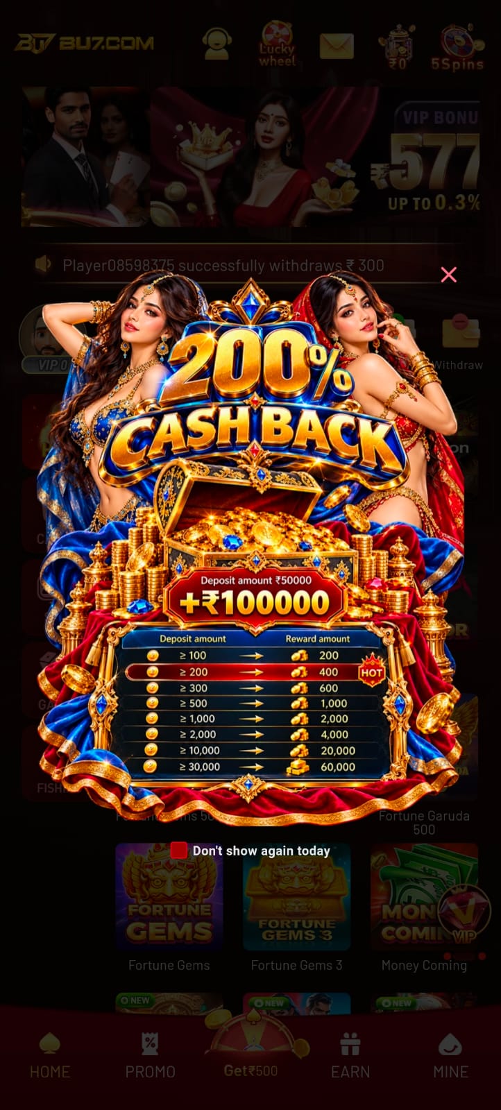BU7 Game 200% cashback bonus popup featuring gold coins, reward table, luxury casino graphics and promotional offers.