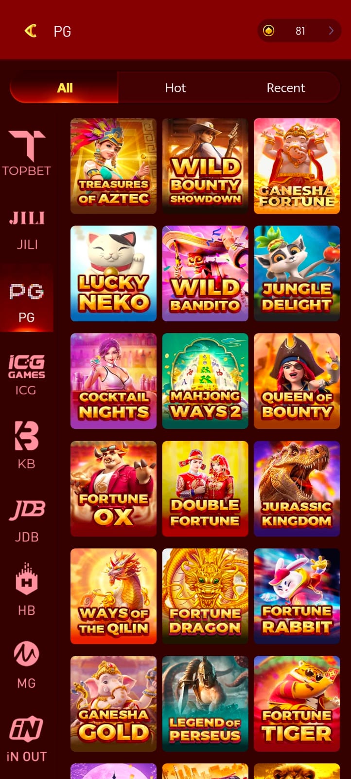BU7 Game PG slot games interface featuring Treasures of Aztec, Wild Bounty Showdown, Ganesha Fortune, Lucky Neko and Fortune Dragon.