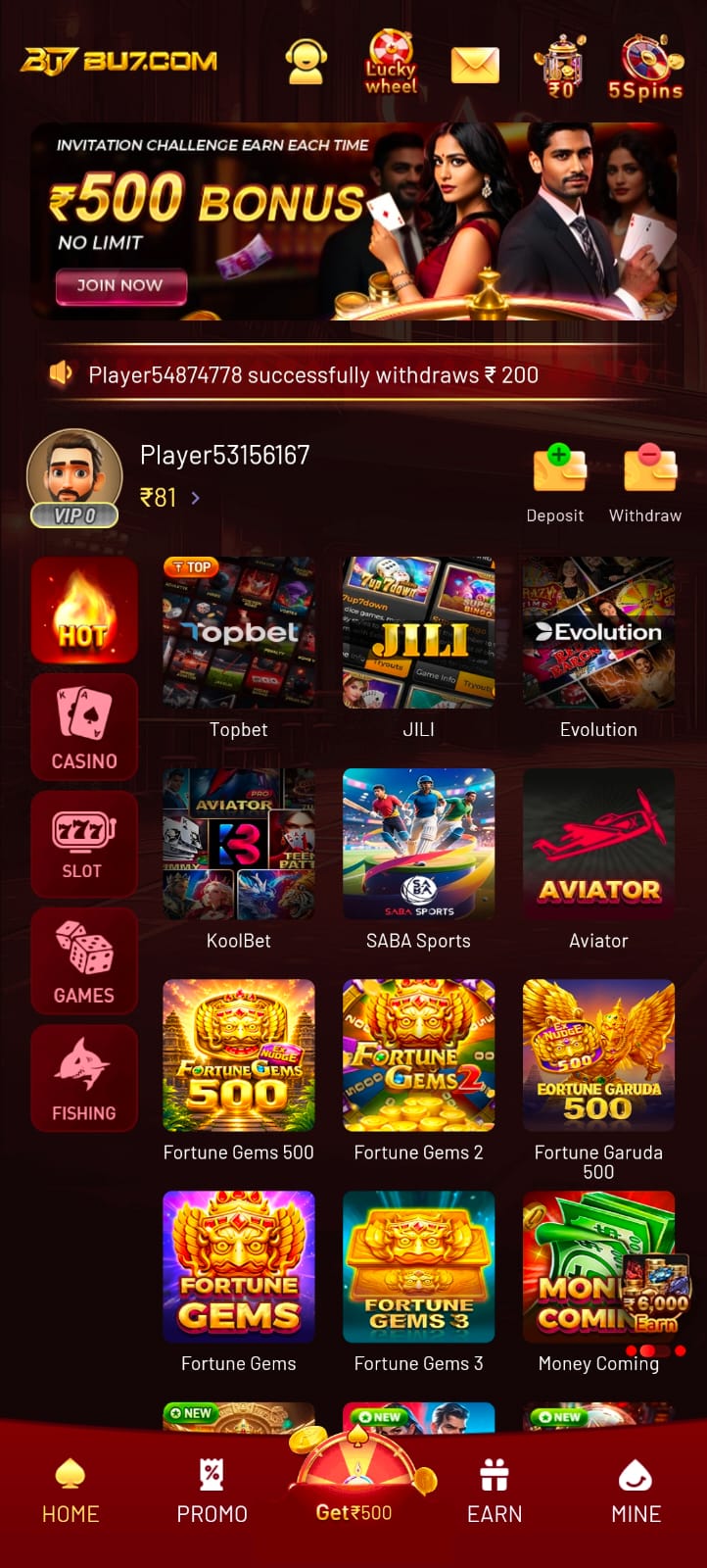 BU7 Game online gaming platform interface featuring casino games, sports games, Fortune Gems, Aviator and ₹500 bonus banner.